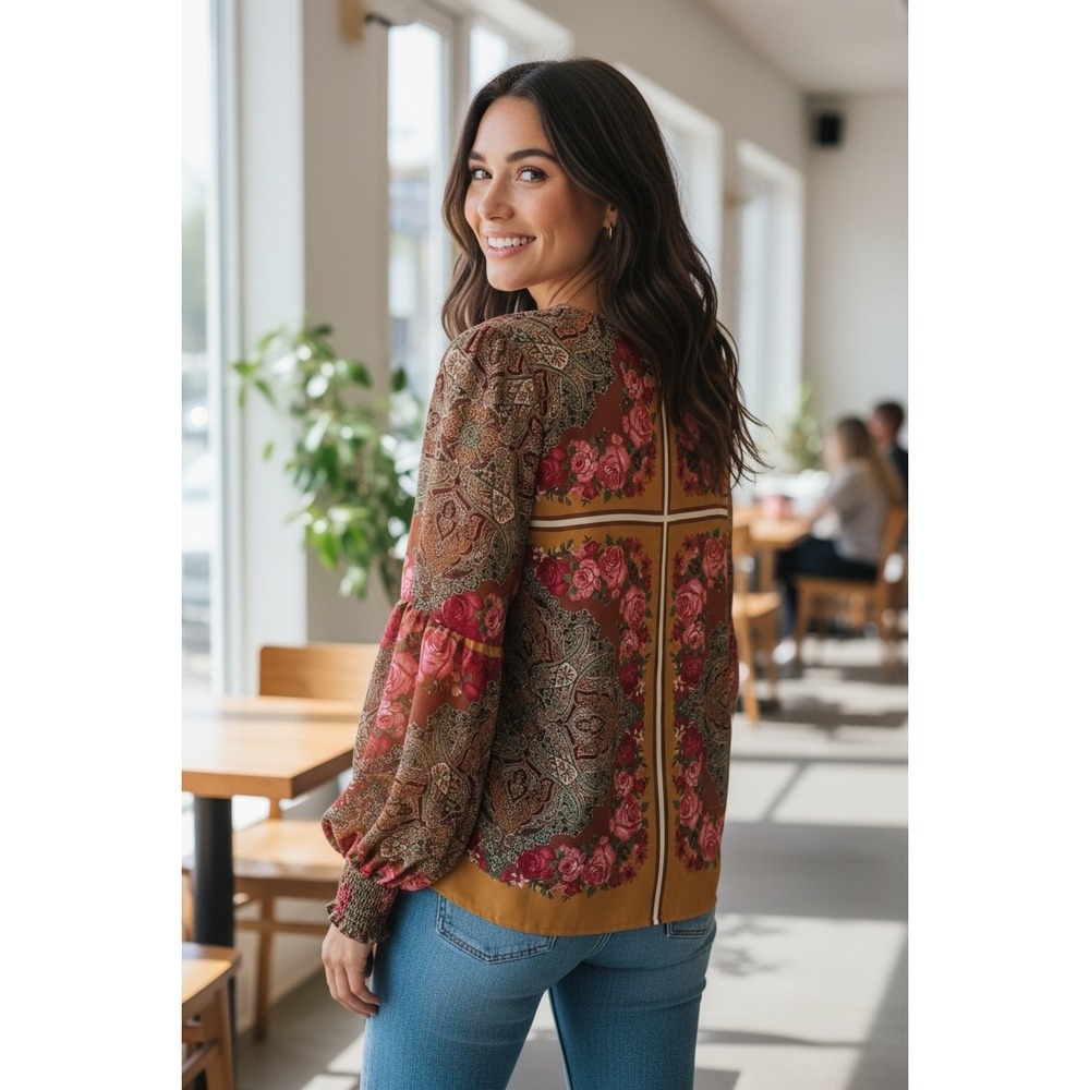 Flying Tomato Womens Blouse XL Paisley Floral Print Long Sleeve Round Neck Top - Picture 2 of 10